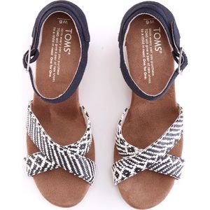 Toms Strappy- Black Woven with Cork Wedges